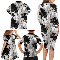 Black White Monotone Tropical Flowers Pattern Family Matching Long Sleeve Bodycon Dress and Hawaiian Shirt LT01 - Polynesian Pride