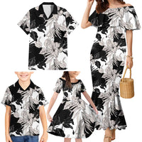 Black White Monotone Tropical Flowers Pattern Family Matching Mermaid Dress and Hawaiian Shirt LT01 - Polynesian Pride