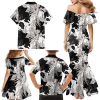 Black White Monotone Tropical Flowers Pattern Family Matching Mermaid Dress and Hawaiian Shirt LT01 - Polynesian Pride