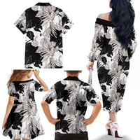 Black White Monotone Tropical Flowers Pattern Family Matching Off The Shoulder Long Sleeve Dress and Hawaiian Shirt LT01 - Polynesian Pride