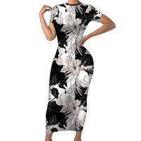 Black White Monotone Tropical Flowers Pattern Family Matching Short Sleeve Bodycon Dress and Hawaiian Shirt LT01 Mom's Dress Black - Polynesian Pride