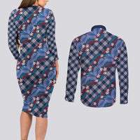 Polynesian Monstera Tiare Floral Couples Matching Long Sleeve Bodycon Dress and Long Sleeve Button Shirt Royal Blue Tropical Plaid LT01 - Polynesian Pride