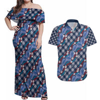 Polynesian Monstera Tiare Floral Couples Matching Off Shoulder Maxi Dress and Hawaiian Shirt Royal Blue Tropical Plaid LT01 Blue - Polynesian Pride