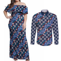 Polynesian Monstera Tiare Floral Couples Matching Off Shoulder Maxi Dress and Long Sleeve Button Shirt Royal Blue Tropical Plaid LT01 Blue - Polynesian Pride