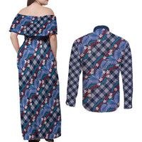 Polynesian Monstera Tiare Floral Couples Matching Off Shoulder Maxi Dress and Long Sleeve Button Shirt Royal Blue Tropical Plaid LT01 - Polynesian Pride
