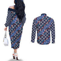 Polynesian Monstera Tiare Floral Couples Matching Off The Shoulder Long Sleeve Dress and Long Sleeve Button Shirt Royal Blue Tropical Plaid LT01 - Polynesian Pride