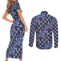 Polynesian Monstera Tiare Floral Couples Matching Short Sleeve Bodycon Dress and Long Sleeve Button Shirt Royal Blue Tropical Plaid LT01 - Polynesian Pride