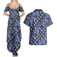 Polynesian Monstera Tiare Floral Couples Matching Summer Maxi Dress and Hawaiian Shirt Royal Blue Tropical Plaid LT01 - Polynesian Pride