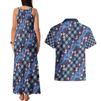 Polynesian Monstera Tiare Floral Couples Matching Tank Maxi Dress and Hawaiian Shirt Royal Blue Tropical Plaid LT01 - Polynesian Pride