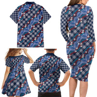 Polynesian Monstera Tiare Floral Family Matching Long Sleeve Bodycon Dress and Hawaiian Shirt Royal Blue Tropical Plaid LT01 - Polynesian Pride