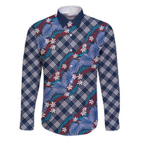 Polynesian Monstera Tiare Floral Family Matching Off Shoulder Maxi Dress and Hawaiian Shirt Royal Blue Tropical Plaid LT01 Dad's Shirt - Long Sleeve Blue - Polynesian Pride