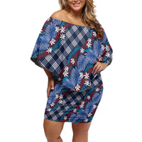 Polynesian Monstera Tiare Floral Family Matching Off Shoulder Short Dress and Hawaiian Shirt Royal Blue Tropical Plaid LT01 Mom's Dress Blue - Polynesian Pride