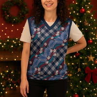 Polynesian Monstera Tiare Floral Christmas Knitted V-Neck Vest Royal Blue Tropical Plaid - Polynesian Pride