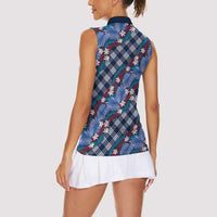 Polynesian Monstera Tiare Floral Women Sleeveless Polo Shirt Royal Blue Tropical Plaid LT01 - Polynesian Pride