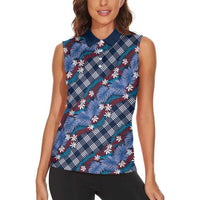 Polynesian Monstera Tiare Floral Women Sleeveless Polo Shirt Royal Blue Tropical Plaid LT01 - Polynesian Pride