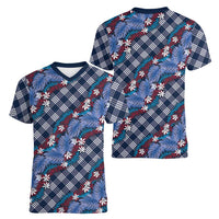 Polynesian Monstera Tiare Floral Women V-Neck T-Shirt Royal Blue Tropical Plaid LT01 - Polynesian Pride