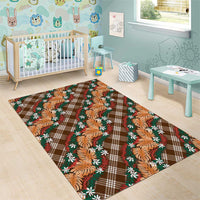 Polynesian Monstera Tiare Floral Area Rug Chocolate Brown Tropical Plaid - Polynesian Pride