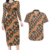 Polynesian Monstera Tiare Floral Couples Matching Long Sleeve Bodycon Dress and Hawaiian Shirt Chocolate Brown Tropical Plaid LT01 Brown - Polynesian Pride