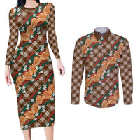 Polynesian Monstera Tiare Floral Couples Matching Long Sleeve Bodycon Dress and Long Sleeve Button Shirt Chocolate Brown Tropical Plaid LT01 Brown - Polynesian Pride