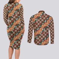 Polynesian Monstera Tiare Floral Couples Matching Long Sleeve Bodycon Dress and Long Sleeve Button Shirt Chocolate Brown Tropical Plaid LT01 - Polynesian Pride