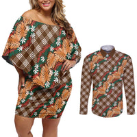 Polynesian Monstera Tiare Floral Couples Matching Off Shoulder Short Dress and Long Sleeve Button Shirt Chocolate Brown Tropical Plaid LT01 Brown - Polynesian Pride