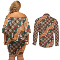 Polynesian Monstera Tiare Floral Couples Matching Off Shoulder Short Dress and Long Sleeve Button Shirt Chocolate Brown Tropical Plaid LT01 - Polynesian Pride