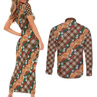 Polynesian Monstera Tiare Floral Couples Matching Short Sleeve Bodycon Dress and Long Sleeve Button Shirt Chocolate Brown Tropical Plaid LT01 - Polynesian Pride