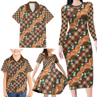 Polynesian Monstera Tiare Floral Family Matching Long Sleeve Bodycon Dress and Hawaiian Shirt Chocolate Brown Tropical Plaid LT01 - Polynesian Pride