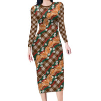 Polynesian Monstera Tiare Floral Family Matching Long Sleeve Bodycon Dress and Hawaiian Shirt Chocolate Brown Tropical Plaid LT01 Mom's Dress Brown - Polynesian Pride