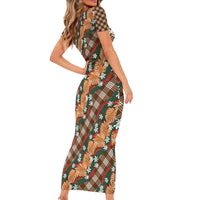 Polynesian Monstera Tiare Floral Family Matching Short Sleeve Bodycon Dress and Hawaiian Shirt Chocolate Brown Tropical Plaid LT01 - Polynesian Pride