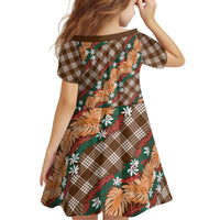 Polynesian Monstera Tiare Floral Kid Short Sleeve Dress Chocolate Brown Tropical Plaid - Polynesian Pride