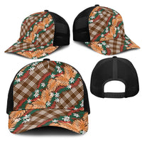 Polynesian Monstera Tiare Floral Mesh Trucker Cap Chocolate Brown Tropical Plaid - Polynesian Pride