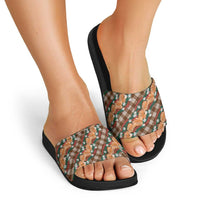 Polynesian Monstera Tiare Floral Slide Sandals Chocolate Brown Tropical Plaid - Polynesian Pride