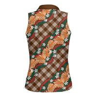 Polynesian Monstera Tiare Floral Women Sleeveless Polo Shirt Chocolate Brown Tropical Plaid LT01 - Polynesian Pride