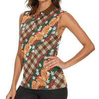 Polynesian Monstera Tiare Floral Women Sleeveless Polo Shirt Chocolate Brown Tropical Plaid LT01 - Polynesian Pride