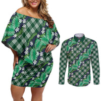 Polynesian Monstera Tiare Floral Couples Matching Off Shoulder Short Dress and Long Sleeve Button Shirt Forest Green Tropical Plaid LT01 Green - Polynesian Pride