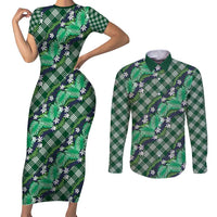 Polynesian Monstera Tiare Floral Couples Matching Short Sleeve Bodycon Dress and Long Sleeve Button Shirt Forest Green Tropical Plaid LT01 Green - Polynesian Pride