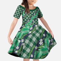 Polynesian Monstera Tiare Floral Family Matching Mermaid Dress and Hawaiian Shirt Forest Green Tropical Plaid LT01 Daughter's Dress Green - Polynesian Pride