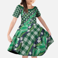 Polynesian Monstera Tiare Floral Family Matching Off Shoulder Maxi Dress and Hawaiian Shirt Forest Green Tropical Plaid LT01 Daughter's Dress Green - Polynesian Pride
