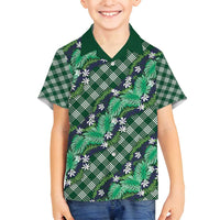 Polynesian Monstera Tiare Floral Family Matching Off Shoulder Maxi Dress and Hawaiian Shirt Forest Green Tropical Plaid LT01 Son's Shirt Green - Polynesian Pride