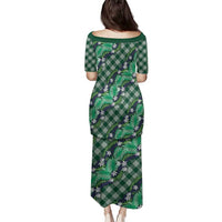 Polynesian Monstera Tiare Floral Family Matching Puletasi and Hawaiian Shirt Forest Green Tropical Plaid LT01 - Polynesian Pride