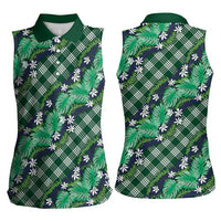 Polynesian Monstera Tiare Floral Women Sleeveless Polo Shirt Forest Green Tropical Plaid LT01 - Polynesian Pride