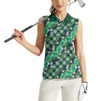 Polynesian Monstera Tiare Floral Women Sleeveless Polo Shirt Forest Green Tropical Plaid LT01 - Polynesian Pride