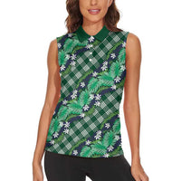Polynesian Monstera Tiare Floral Women Sleeveless Polo Shirt Forest Green Tropical Plaid LT01 - Polynesian Pride