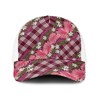 Polynesian Monstera Tiare Floral Baseball Net Cap Fuchsia Tropical Plaid - Polynesian Pride
