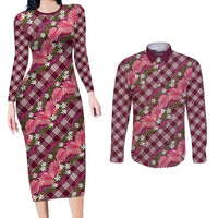 Polynesian Monstera Tiare Floral Couples Matching Long Sleeve Bodycon Dress and Long Sleeve Button Shirt Fuchsia Tropical Plaid LT01 Pink - Polynesian Pride