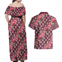 Polynesian Monstera Tiare Floral Couples Matching Off Shoulder Maxi Dress and Hawaiian Shirt Fuchsia Tropical Plaid LT01 - Polynesian Pride