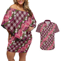 Polynesian Monstera Tiare Floral Couples Matching Off Shoulder Short Dress and Hawaiian Shirt Fuchsia Tropical Plaid LT01 Pink - Polynesian Pride