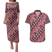 Polynesian Monstera Tiare Floral Couples Matching Puletasi and Hawaiian Shirt Fuchsia Tropical Plaid LT01 Pink - Polynesian Pride