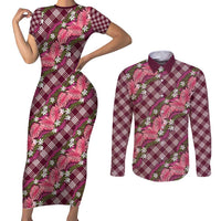 Polynesian Monstera Tiare Floral Couples Matching Short Sleeve Bodycon Dress and Long Sleeve Button Shirt Fuchsia Tropical Plaid LT01 Pink - Polynesian Pride